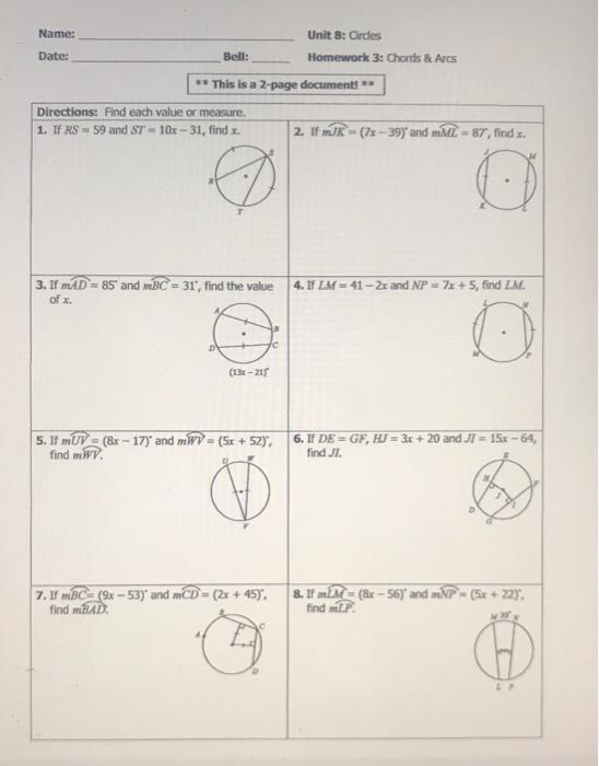 If de = ge, hu = 3r +. Solved Name Unit 8 Circles Homework 3 Chords Arcs Date Chegg Com