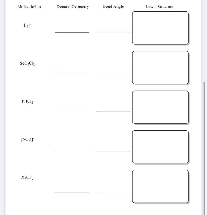 Feb 01, 2021 · some of the worksheets below are molecular geometry worksheet with answers, exercises like draw lewis structures and determine the molecular geometry and polarity for each of the molecules below. Solved Molecule Lon Domain Geometry Bond Angle Lewis Chegg Com