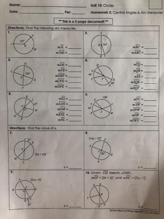 An angle whose vertex is on the circumference of the circle and whose sides are chords or secants. Solved Name Date Unit 10 Circles Homework 2 Central Chegg Com