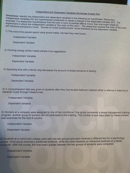 Learn with flashcards, games, and more — for free. Solved Independent And Dependent Variables Worksheet Answer Chegg Com