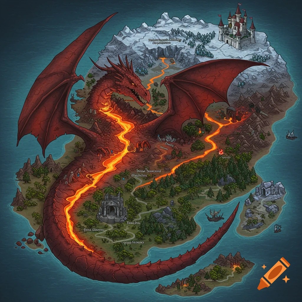 Isometric Fantasy Map Of A Mega Dungeon World Featuring Ice Caves Lava