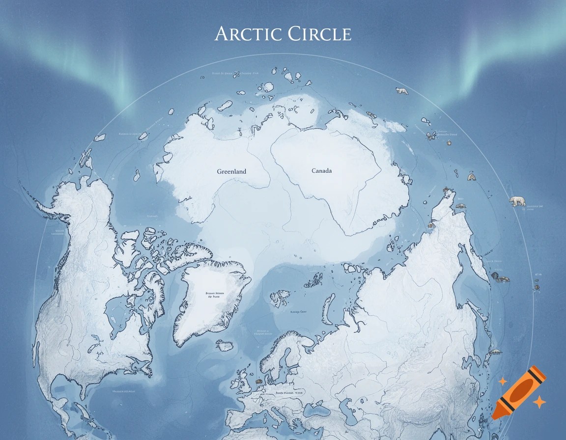 An Illustrated Map Of The Arctic Circle Showing Greenland Canada And