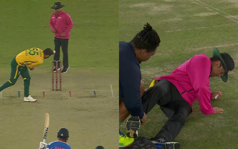 [WATCH] Ind vs sa 2025: umbire rohan pandit in pain as sanjuu hits samson drive on knee