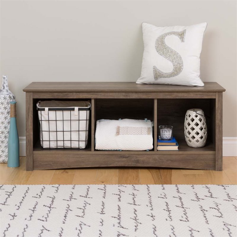 Dvd display shelf insert for ikea kallax (sold in sets of 2). Prepac 3 Cubby Storage Bench in Drifted Gray - DSC-4820