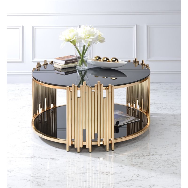 Acme Tanquin Round Glass Top Coffee Table In Black And Gold 84490