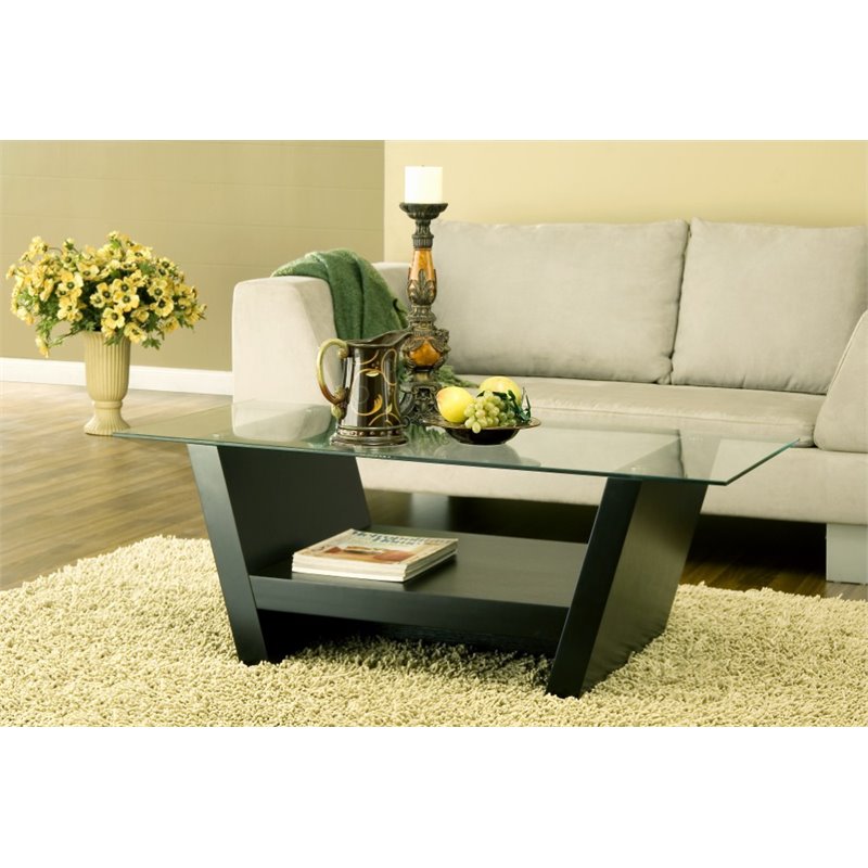 Furniture Of America Watson Modern Black Wood Coffee Table With Glass Top 28220ct
