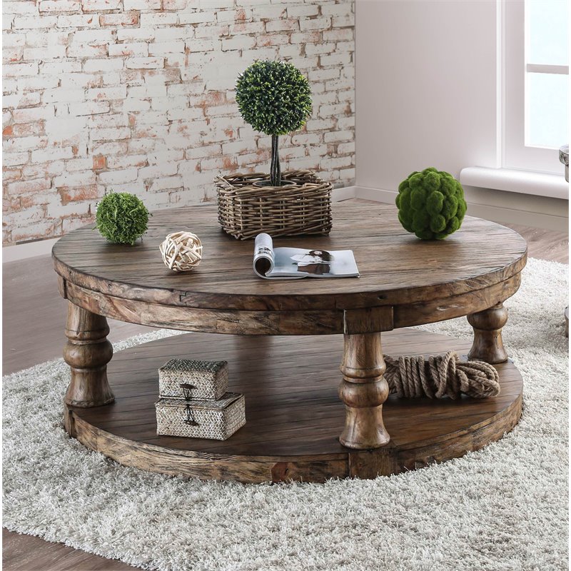 Furniture Of America Joss Rustic Round Wood Coffee Table In Oak Idf 4424a C