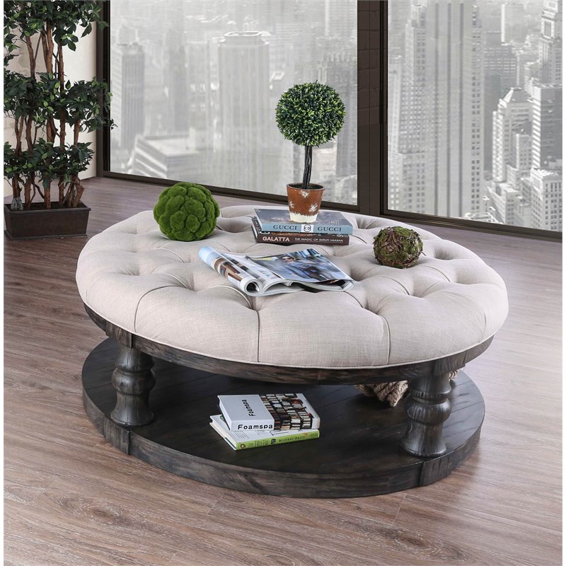 Furniture Of America Joss Rustic Round Wood Tufted Coffee Table In Antique Gray Idf 4424gy F C