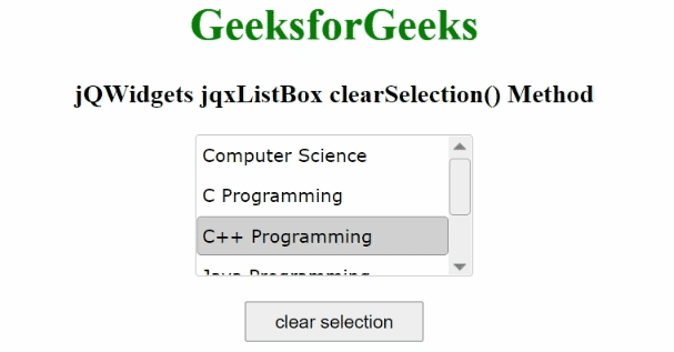 Jqwidgets jqxlistbox clearselection() method