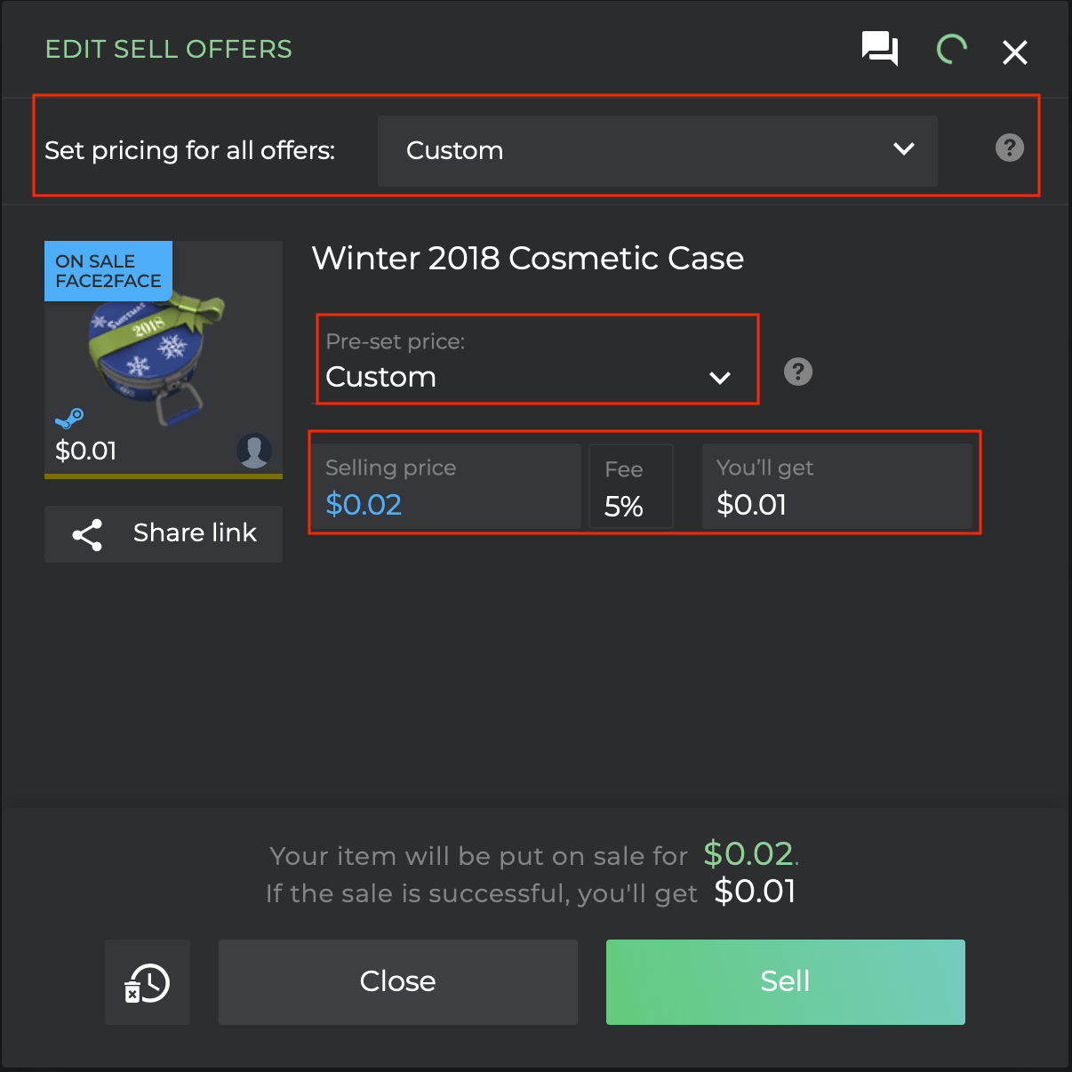 Change the price of an item that was listed for sale