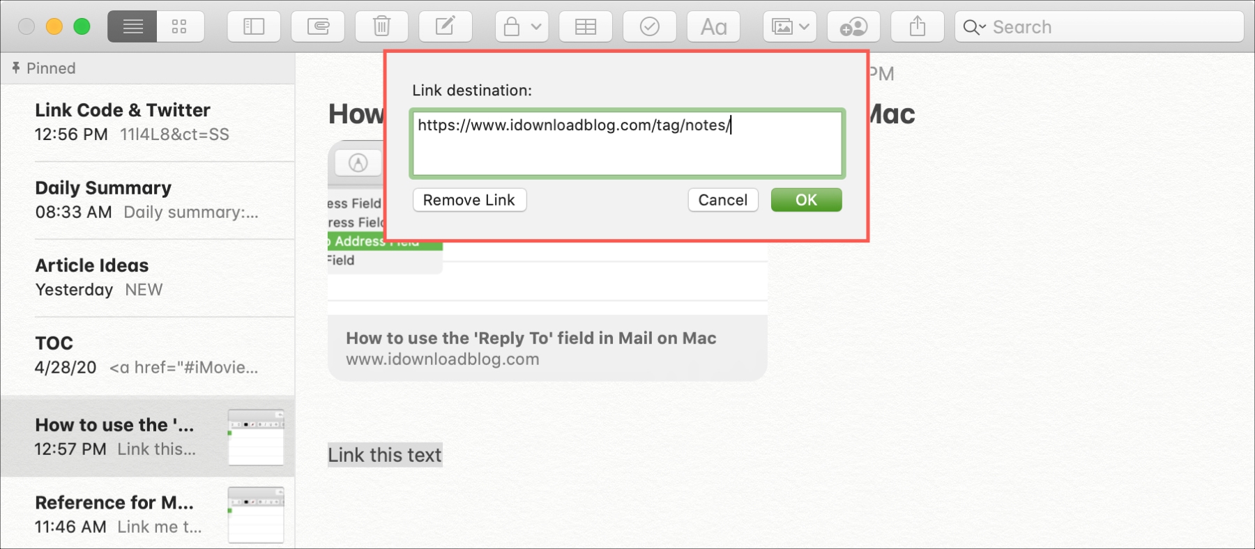 Добавить текстовую ссылку в Notes Mac