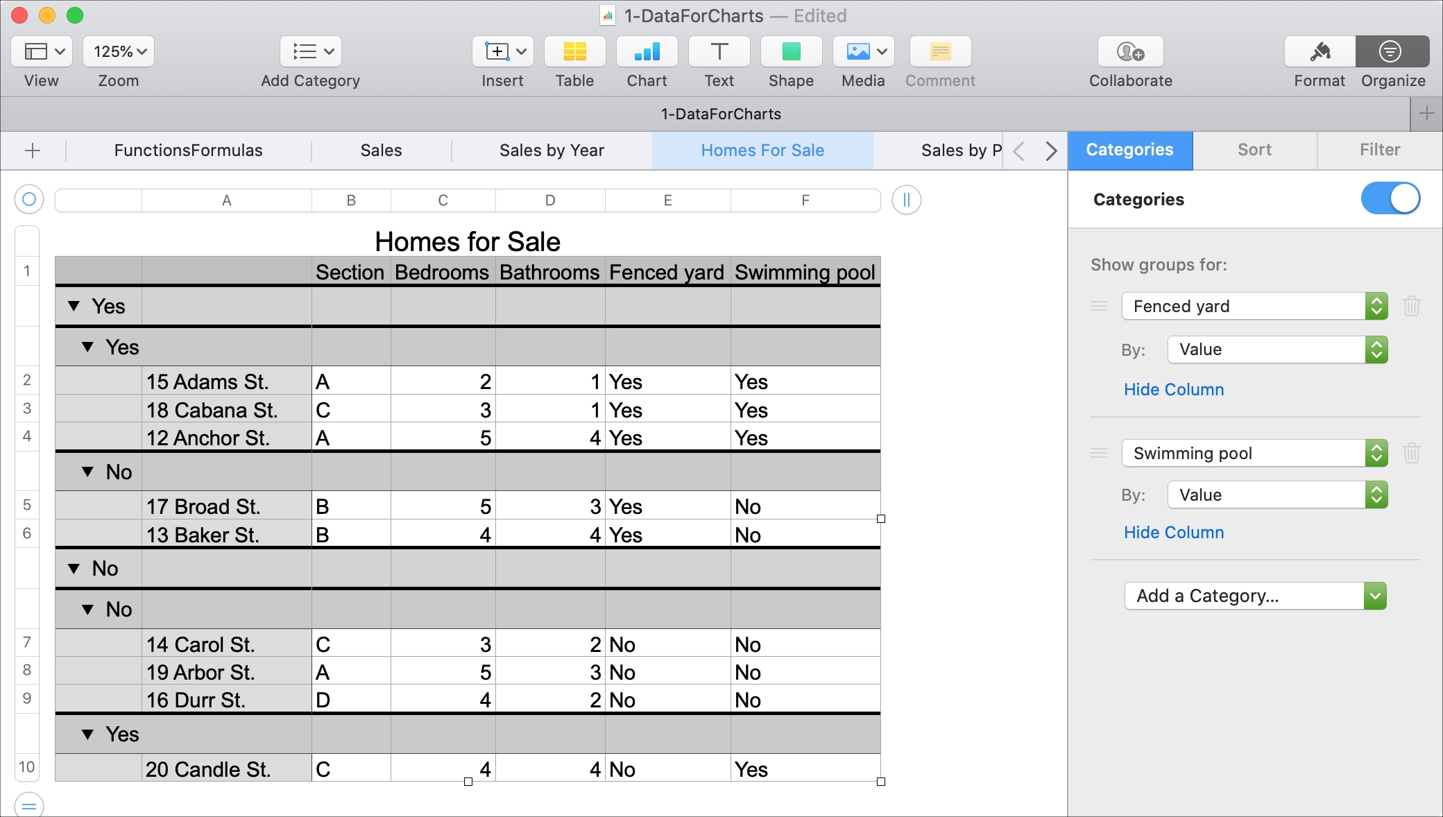 How to work with basic categories in numbers on mac