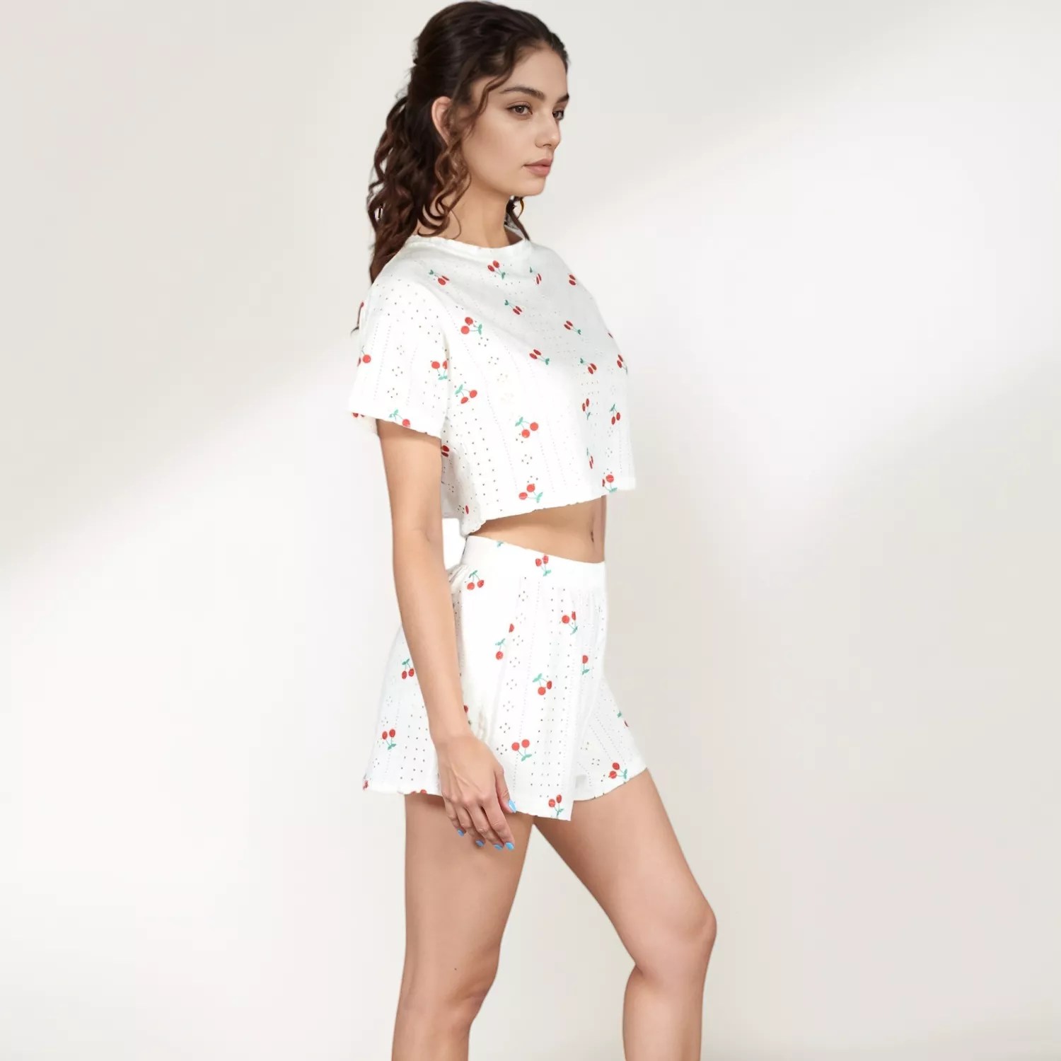 Women S Cherry Print Pajama Set With Short Sleeve Button Top Elastic - Download Elegant Abstract Design | HD