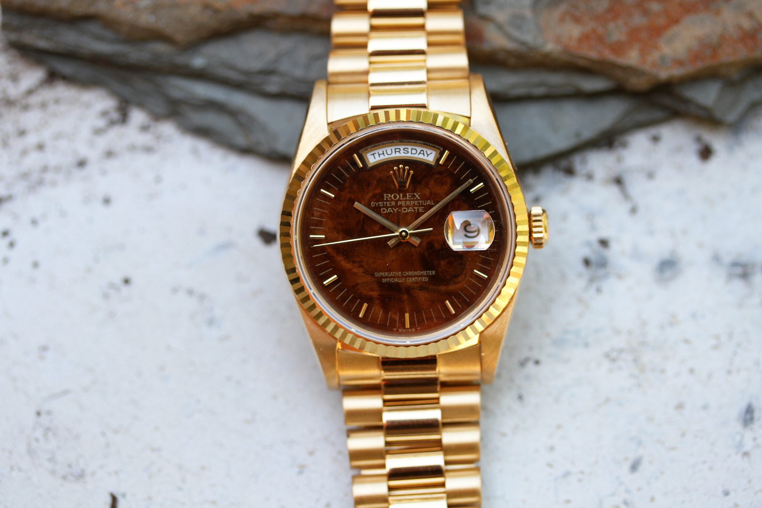 1996 Rolex Day Date President Ref 18238 Walnut Wood Dial Lunar Oyster Buying And Selling