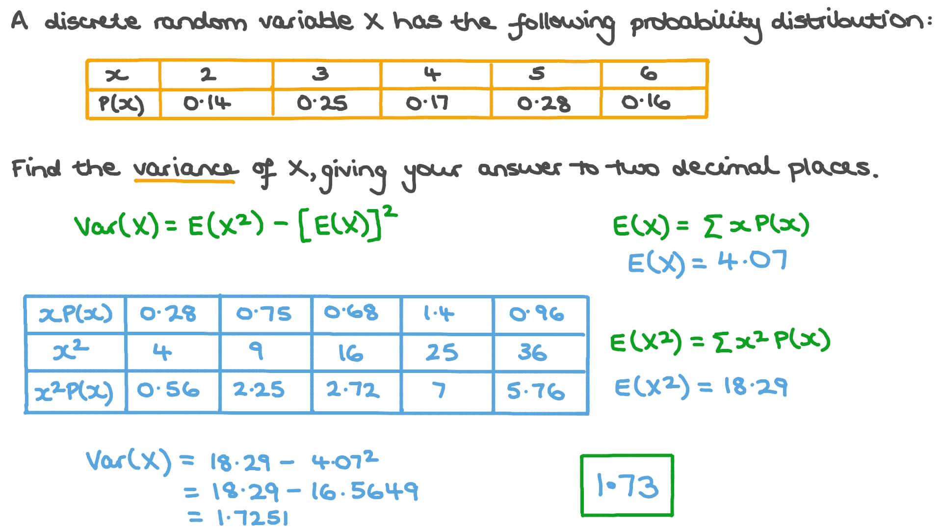 Question Video Determining The Variance For A Discrete Random Variable Nagwa X P X 6 015 8 035 10 05.