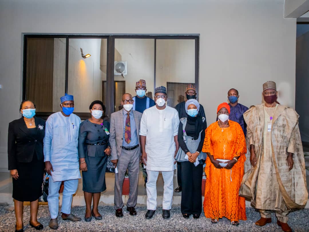 L-R: Member Panel of Inquiry on ENDSARS Oluronke Adeyemi; Secretary Alhaji AbdulGaniyu Shuaib; Jumoke Olaoye (member); Chairman Hon. Justice Issa Babatunde Garba (rtd); Abubakar Isiaka Kamil (member); Governor Abdulrahman Abdulrazaq; Nafisat Musa Buge (member); Barr. Idris Gana Jibril (member); Hajia Fatima Audu Jumai (member); Olawuyi Olmidayo; and AIG Issa Ojibara(rtd); during the presentation of report on ENDSARS to the Governor at Government House, Ilorin, on Wednesday.