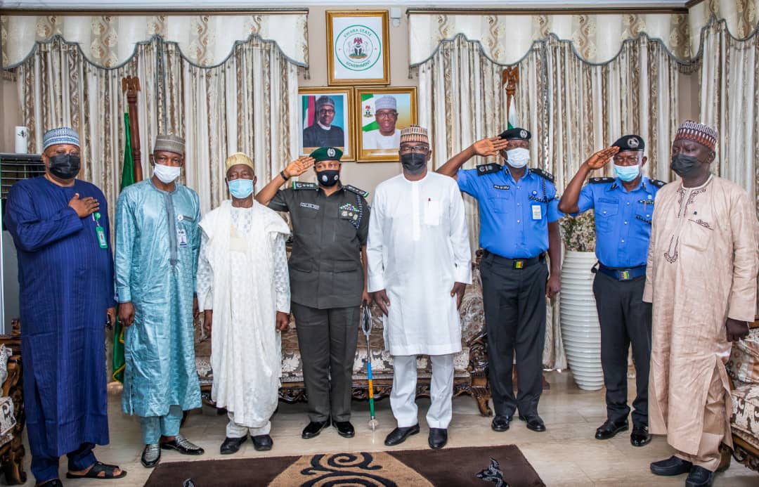 L-R: Special Adviser on Special Duties Alhaji Yinka Aluko; AIG Habu Sani; Special Adviser on Security Brig General Saliu Tunde Bello (rtd); IGP Alkali Baba Usman; Kwara State Governor AbdulRahman AbdulRazaq; AIG Ede Ayuba; Commissioner of Police Amienbo Tuesday; and Senior Special Assistant on Security Alhaji Muyideen Aliyu; during a courtesy visit by the Inspector General of Police to Government House, Ilorin, on Wednesday.