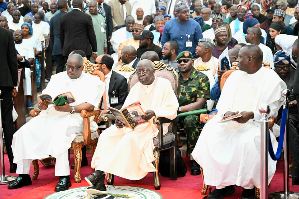 APC MOTHER'S BURIAL PROGRAM 1-3   L-R  Plateaman State Governor Caleb Mutfwang, President Ahmed Bola Tinubu and APC Chairman, Professor Nentawe Goshwe Yilwatda during the APC Chairman Mother's burial, Nana Lydia Yilwatda at Cocin Headquarters Church Fidelis Tapgun Road,  Jos, Plateau State