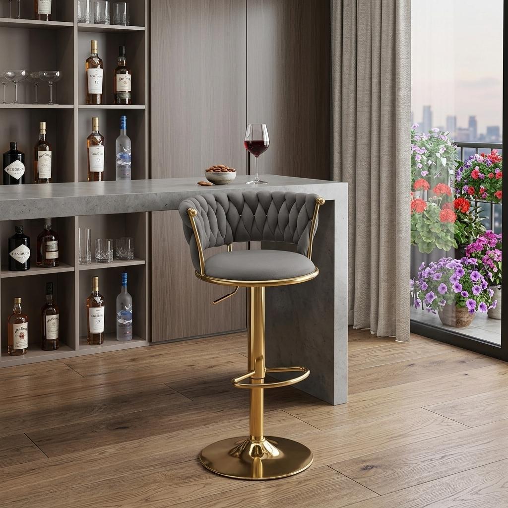 Gray And Gold Velvet And Metal Low Back Adjustable Height Swivel Bar Chair