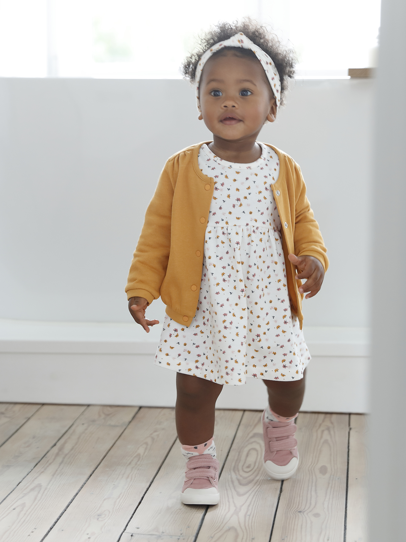 3 Piece Outfit Dress Cardigan Headband For Baby Girls White Light All Over Printed Baby