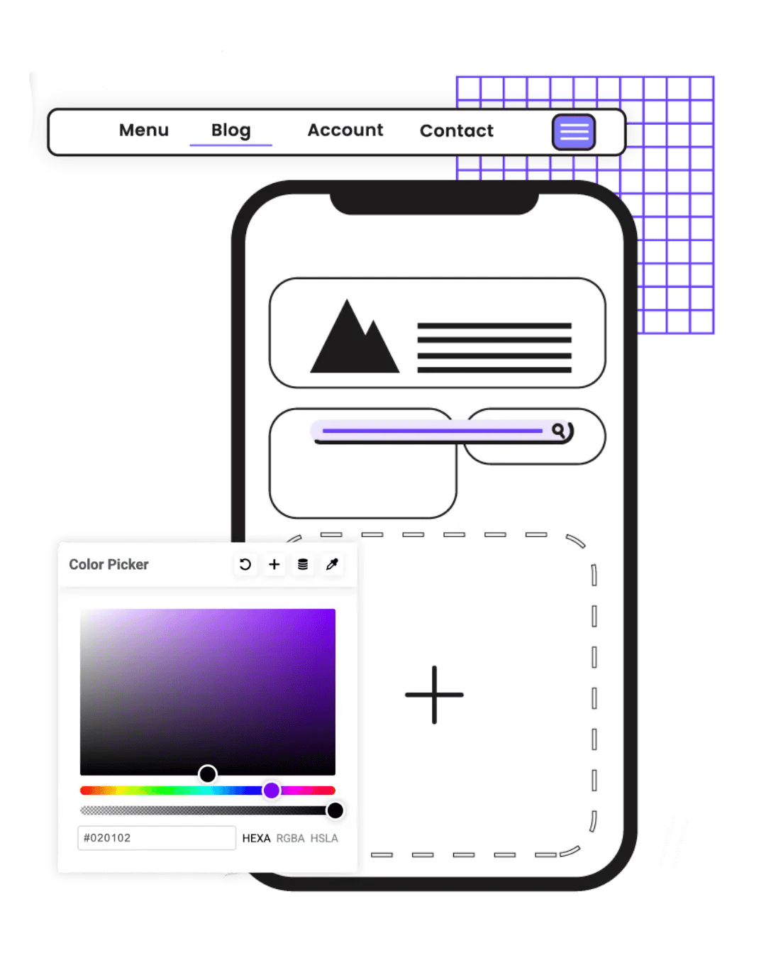 Mobile website interface mockup with navigation, search, color controls, and editable layout elements representing UX/UI and conversion design services.