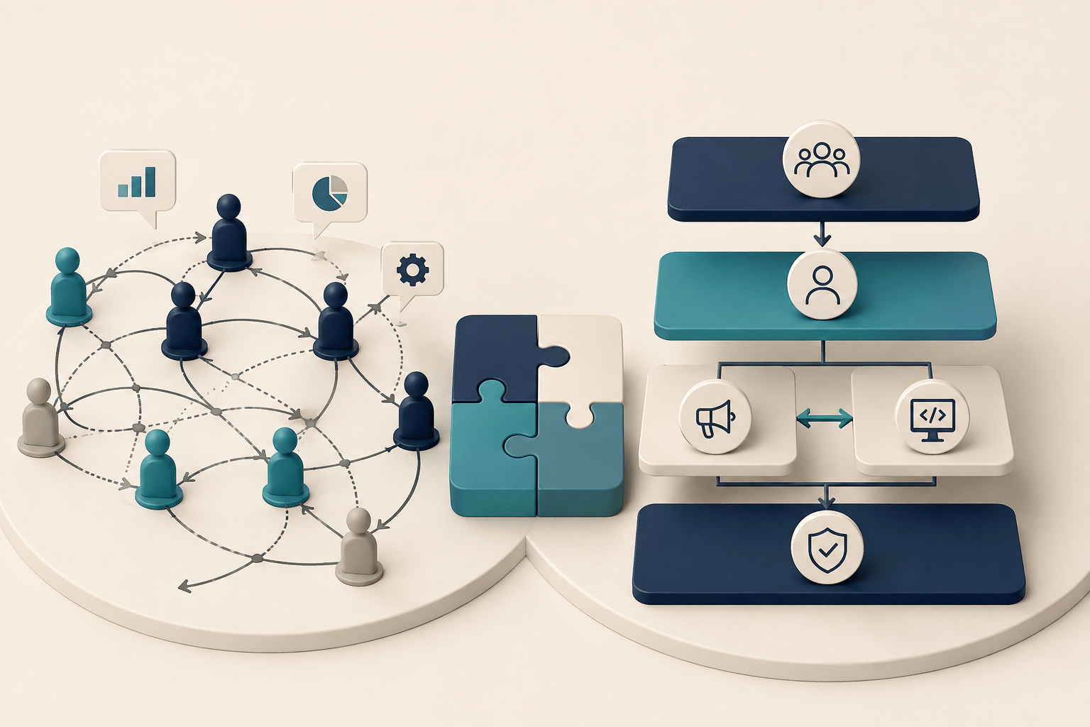 Networked figures and puzzle pieces symbolize collaboration and a multi-step workflow on the right.