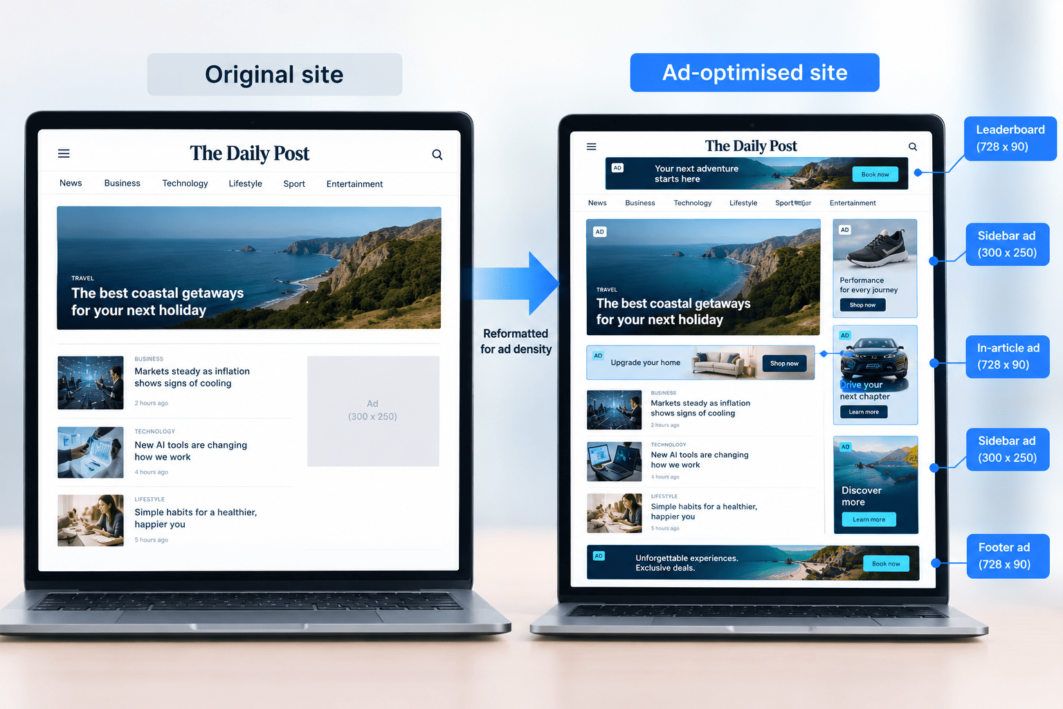 Side-by-side comparison of a standard article page and the same content reformatted as a high-ad-density slideshow