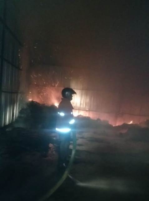 HANGUS - Petugas pemadam kebakaran memadamkan api di gudang penyimpanan sabut kelapa di Banjar Anyar Kelod,Desa Penyaringan,Kecamatan Mendoyo,Kabupaten Jembrana