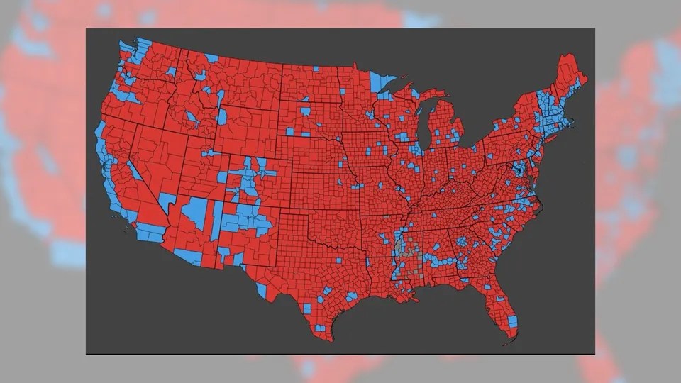 Map Shows Trump S 2024 Reelection Victory With Red And Blue Counties 2024 Election Map Image 
