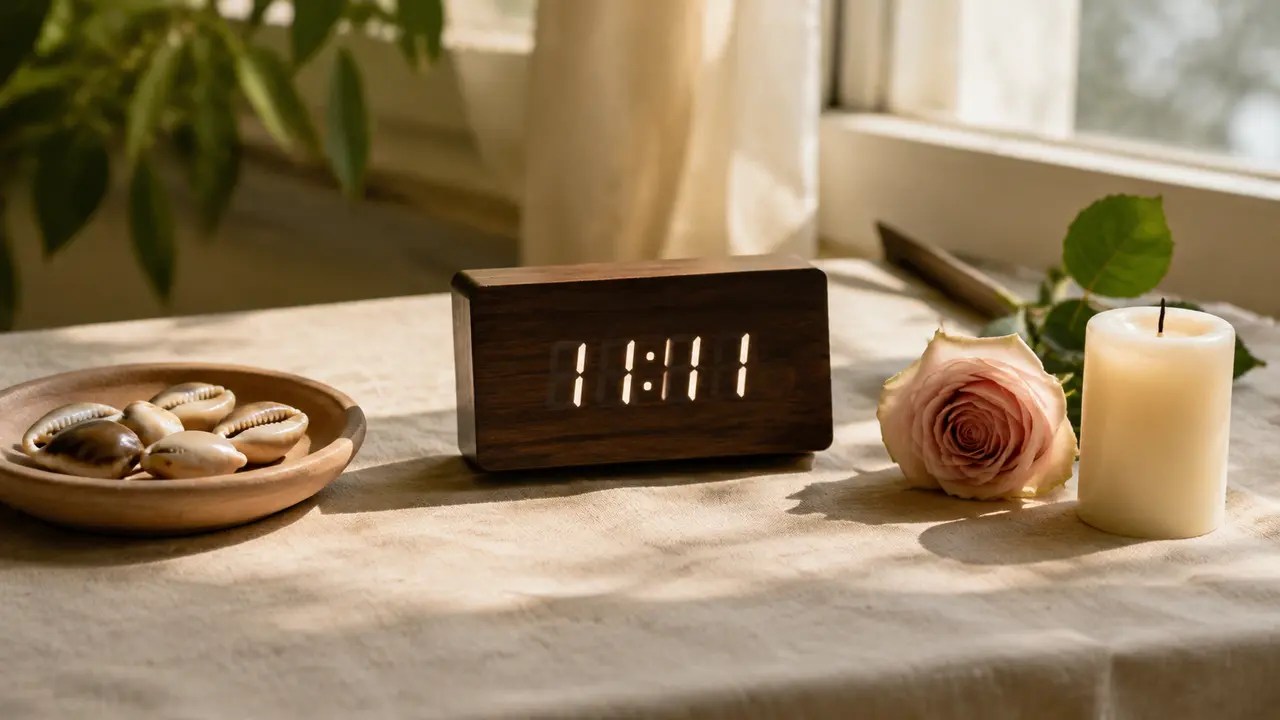Horloge affichant 11h11 avec cauris, rose et bougie