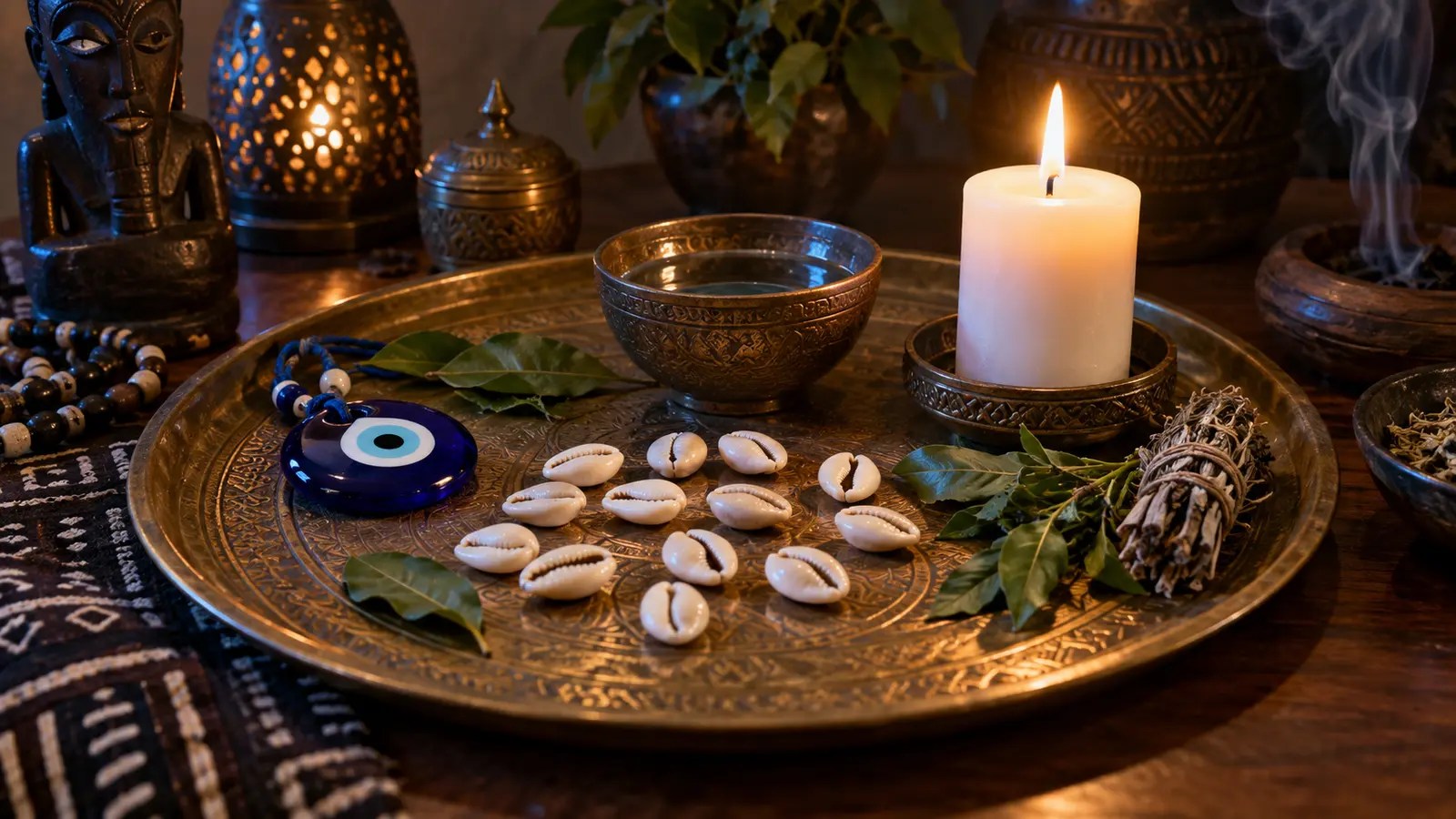 Mauvais œil symptômes physiques et spirituels représentés par des cauris et un objet de protection