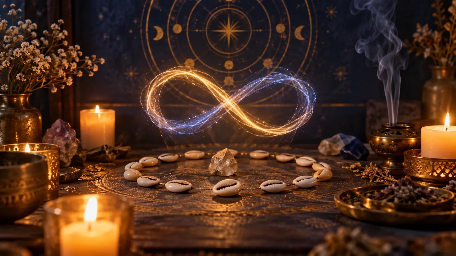 Relation karmique : lien spirituel symbolisé par des cauris et une lumière infinie
