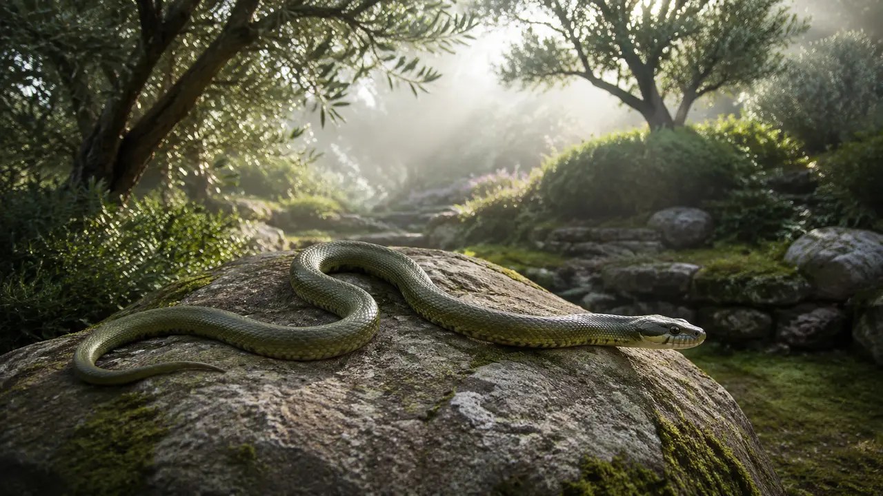 Rêver de serpent : serpent vert calme sur une pierre dans un jardin