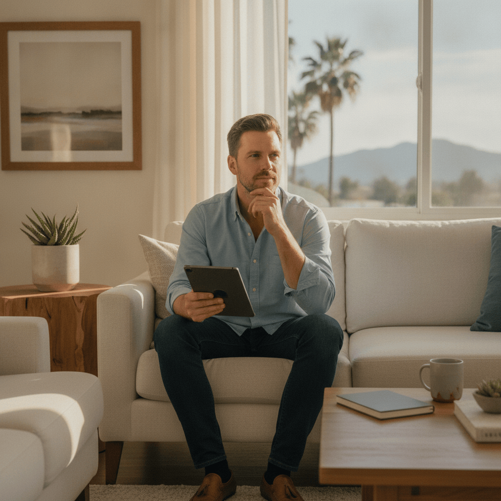Private telehealth planning scene for erectile dysfunction in Riverside, CA.