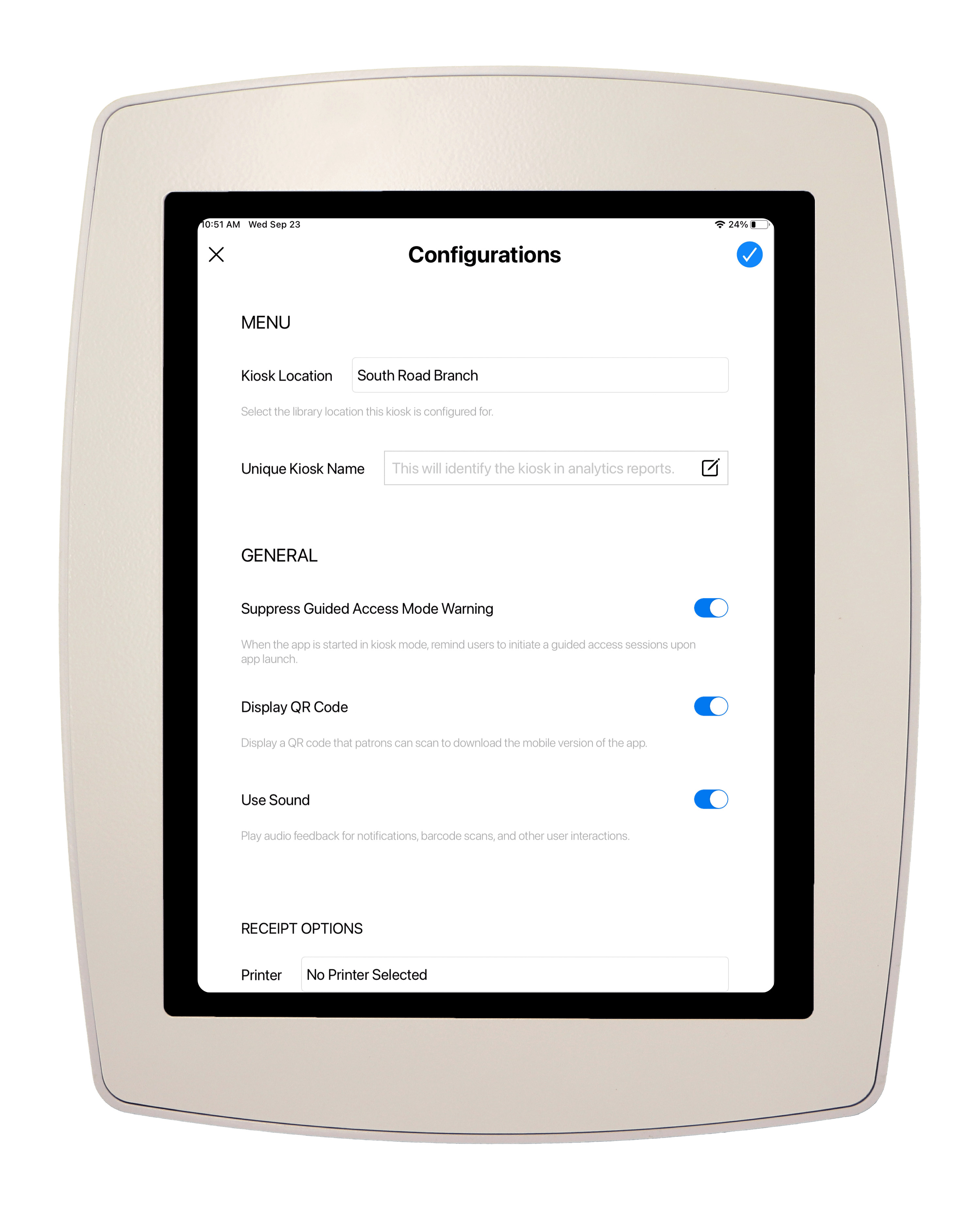 Kiosk frame with configurations page