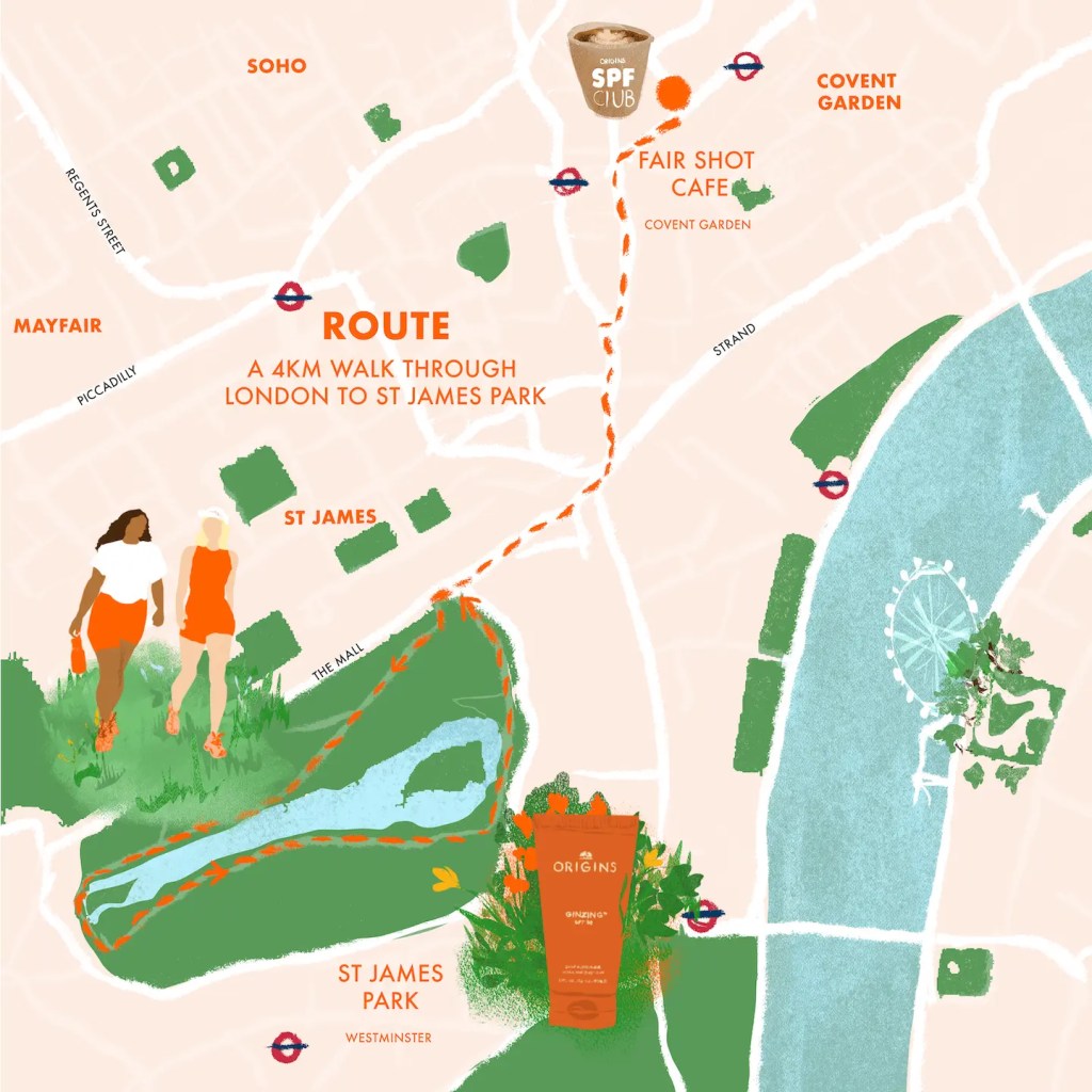 London map illustration showcasing Origins Ginzing SPF 30