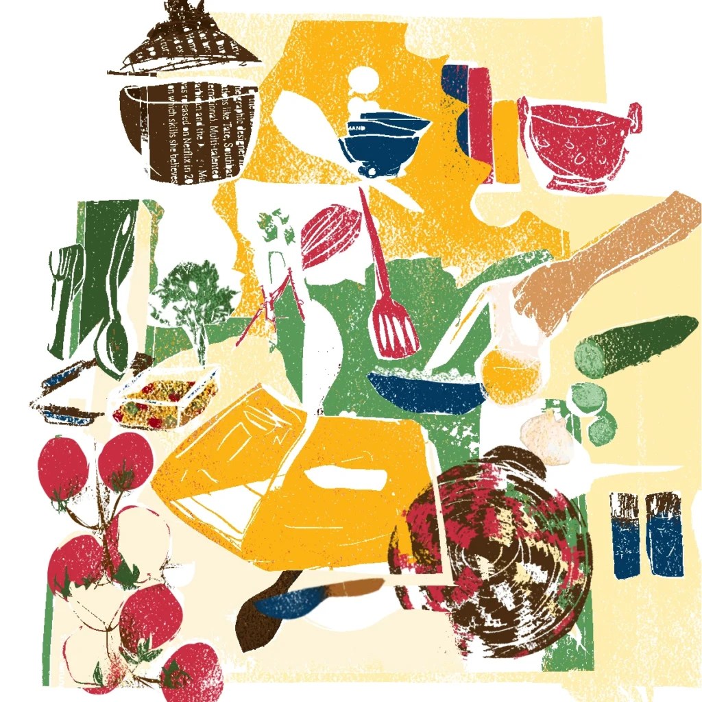 food and drink illustration elements with tomatoes, cook books and other cooking paraphernalia illustrated by megan st clair