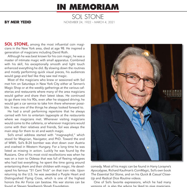 I was asked to write a memorial for my friend and magic legend Sol Stone who passed away at the age of 98.