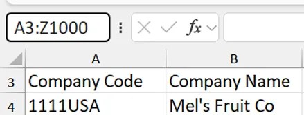 Excel sheet showing selected range A3:Z1000 before applying conditional formatting to bold totals