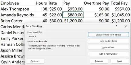 Excel Error Checking dialog showing an Inconsistent Formula warning for a payroll calculation with options to copy, edit, or ignore the formula