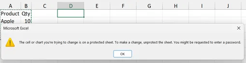 Microsoft Excel message stating the cell or chart cannot be changed because the worksheet is protected and must be unprotected first.