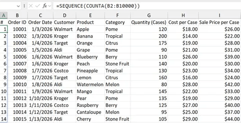 Worksheet showing SEQUENCE with COUNTA formula generating dynamic row numbers based on the Order ID column.