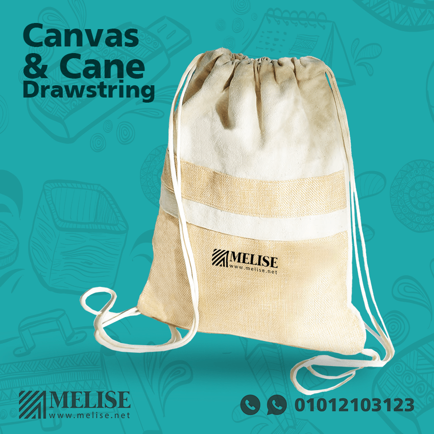 Image of Canvas and Cane Drawstring Bag by Melise Giveaways Egypt. This Canvas and Cane Drawstring Bag, A blend of Eco-friendly Canvas and sustainable Cane material, perfect for summer adventures. Its drawstring closure offers practicality - Printed Logo. Customizable with Printed Logo. Ideal for corporate gifts, promotional giveaways, and branding in Egypt.
