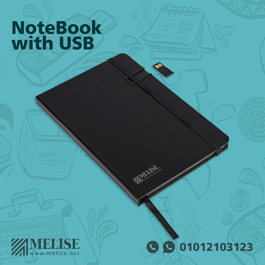 Smart Notebook with integrated USB by Melise Giveaways Egypt, customizable with printed or engraved logo, ideal for tech-savvy corporate gifts, conferences, or promotional use in Egypt.