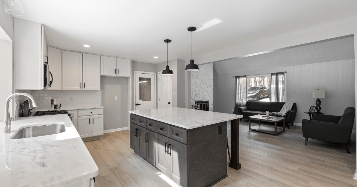 a spacious kitchen layout with an open concept design