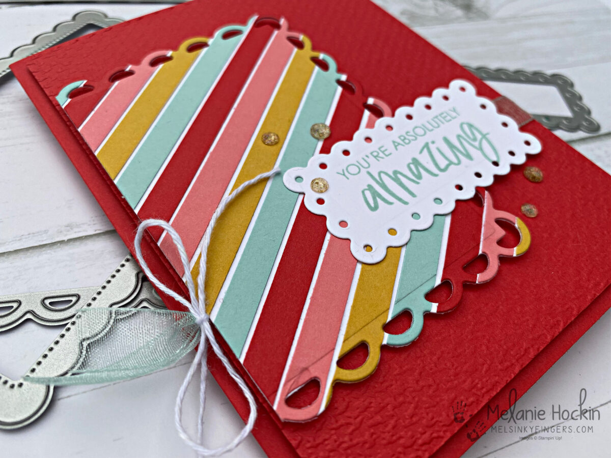 Strip background technique die cut with the Color & Contour Bundle.  Card design by Melanie Hockin of Mel's Inky Fingers.