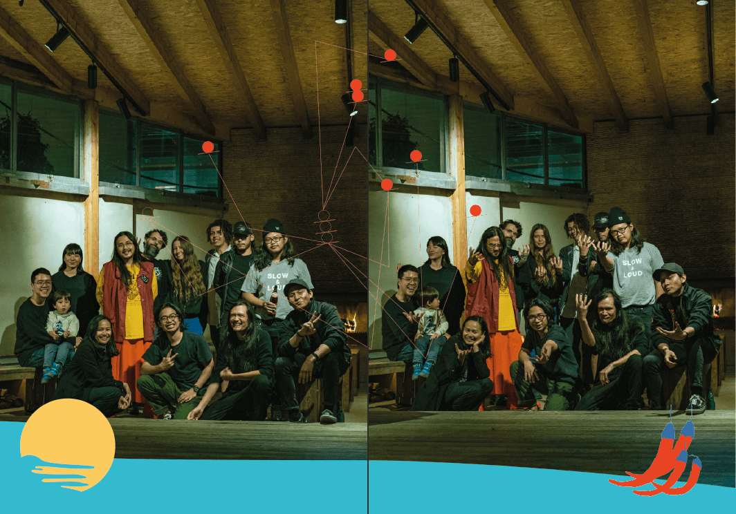 A large photo of artists posing outside a club