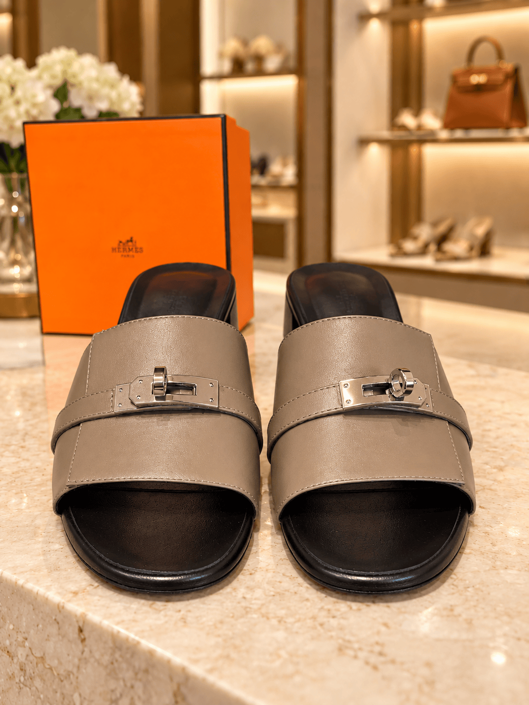 Hermès Étoupe Calfskin Giulia Block Sandals