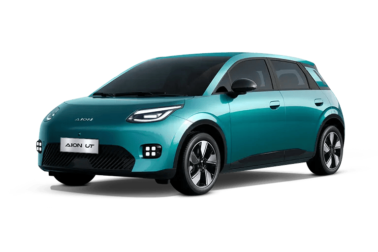 Teal AION electric hatchback in a front-side three-quarter view, isolated on a black background.