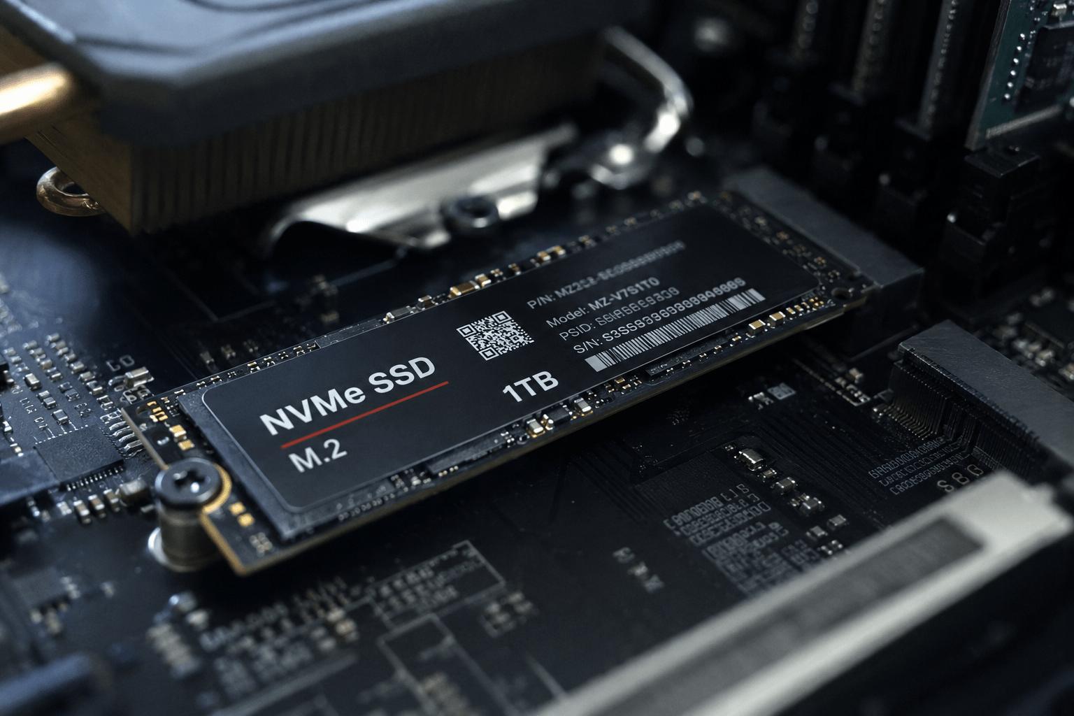 Close-up of an NVMe M.2 SSD installed on a computer motherboard, illustrating SSD performance and storage technology.